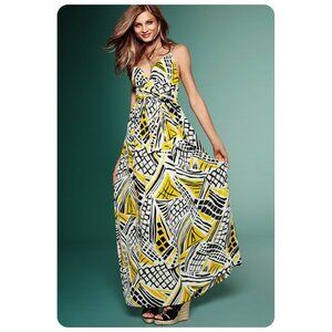 Moda International Black Yellow White Geometric Print Spaghetti Strap Maxi Dress